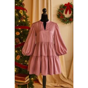 ICHI Puff Sleeve Party Dress - Large Mauve Tiered Cottagecore Holiday Hostess